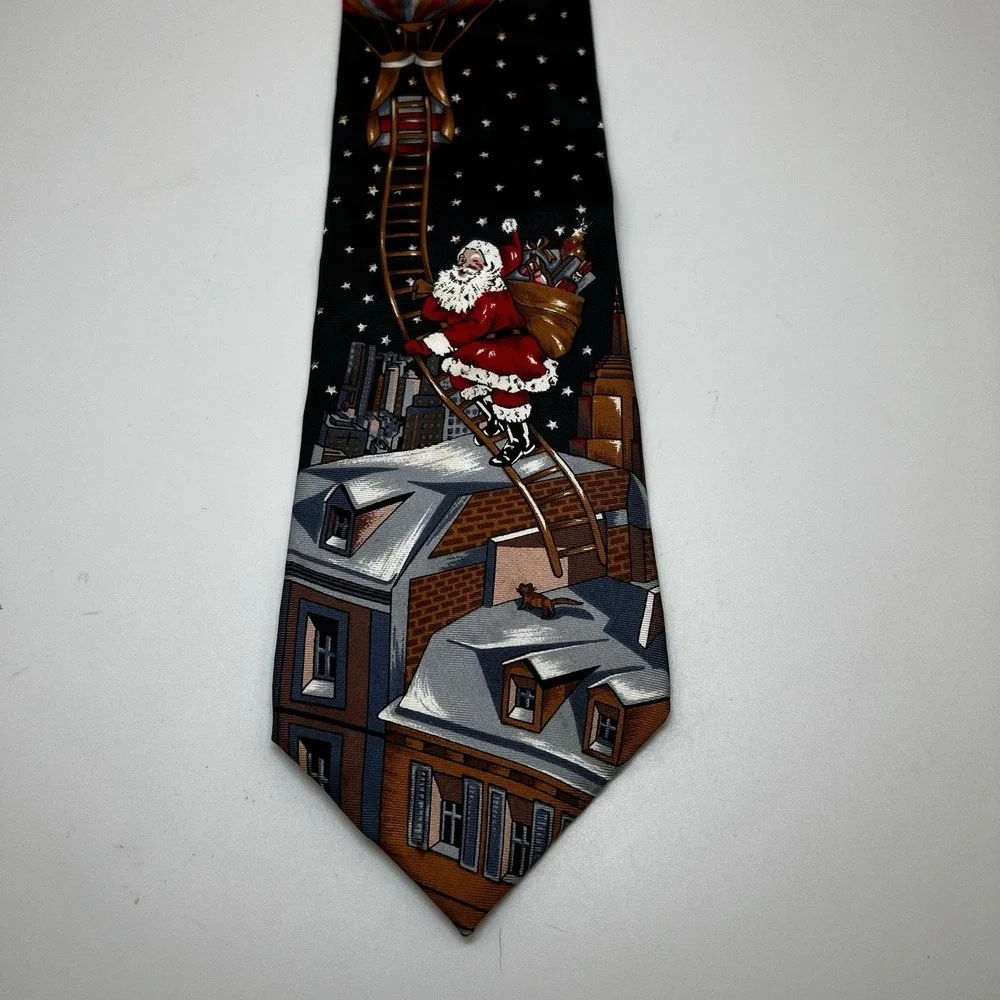 VTG Stafford Necktie Mens Black Italian Silk Christmas Santa Hot Air Balloon Tie